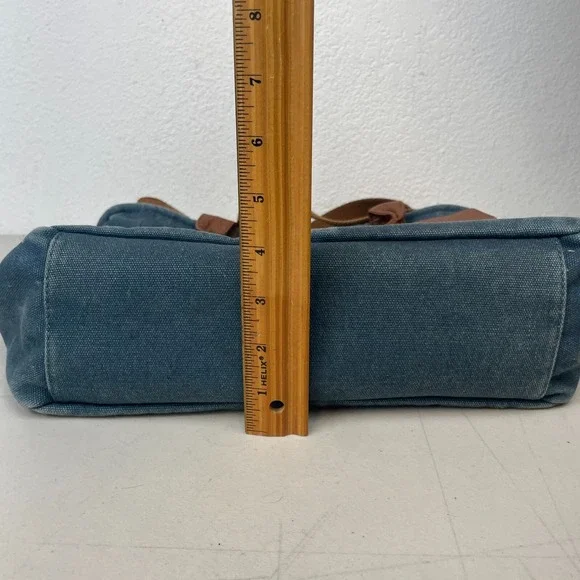 Levenger Tote Bag Denim Leather Trim 6 Pockets Purse Satchel Bucket Boho Pack